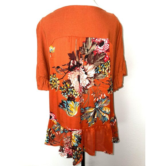 Umgee USA Linen Blend Ruffle Sleeve Floral Back Tunic Top Size Small - Picture 3 of 8